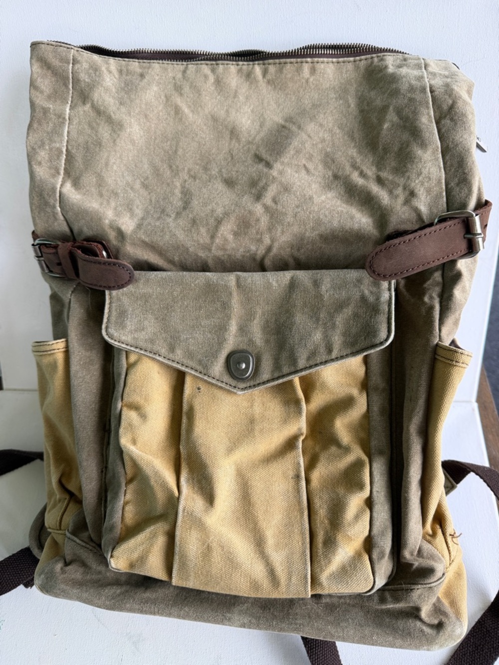 Canvas Roll-Top Backpack in Olive and Tan - Unbranded